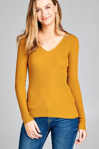 Ladies fashion long sleeve v-neck fitted rib sweater top