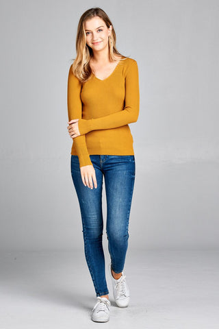 Ladies fashion long sleeve v-neck fitted rib sweater top