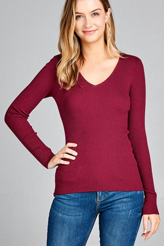 Ladies fashion long sleeve v-neck fitted rib sweater top