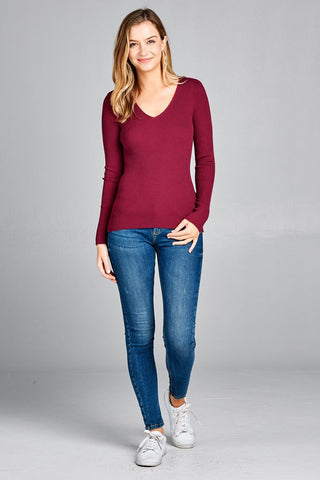 Ladies fashion long sleeve v-neck fitted rib sweater top