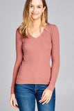 Ladies fashion long sleeve v-neck fitted rib sweater top