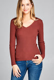 Ladies fashion long sleeve v-neck fitted rib sweater top