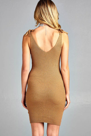 Ladies fashion sleeveless double v-neck w/strap ribbon tie sweater dress - merchandiserus2