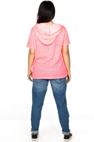 Ladies fashion plus size graphic short-sleeve distressed hoodie