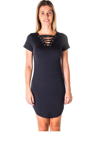 Ladies fashion round hem t shirt dress and lace up v neck - merchandiserus2