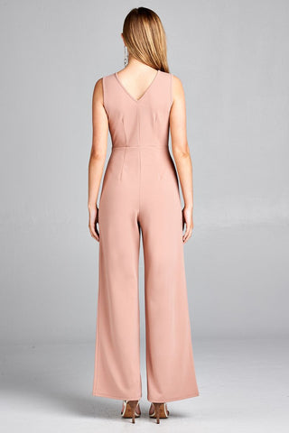 Ladies fashion double v-neck long wide jumpsuit