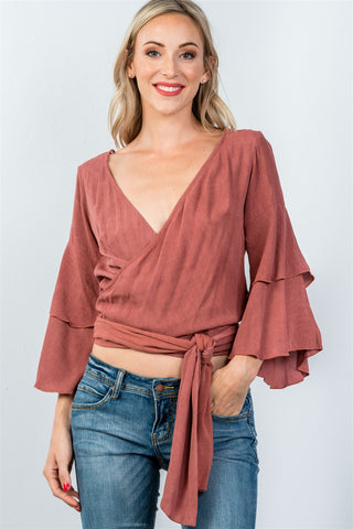 Ladies fashion rust  v neckline wrap tie tiered bell sleeves blouse