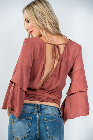 Ladies fashion rust  v neckline wrap tie tiered bell sleeves blouse