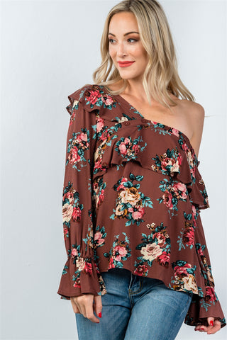 Ladies fashion mocha and floral print one shoulder ruffle blouse