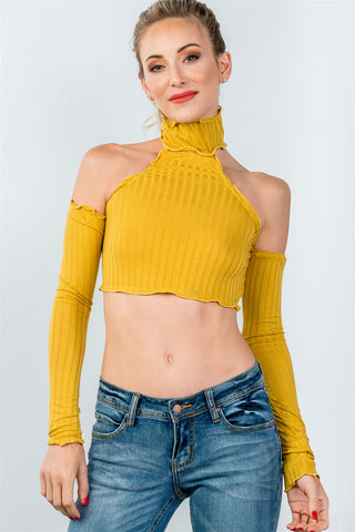 Ladies fashion high neckline ruffle frill hem long sleeve crop top