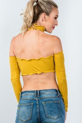 Ladies fashion high neckline ruffle frill hem long sleeve crop top