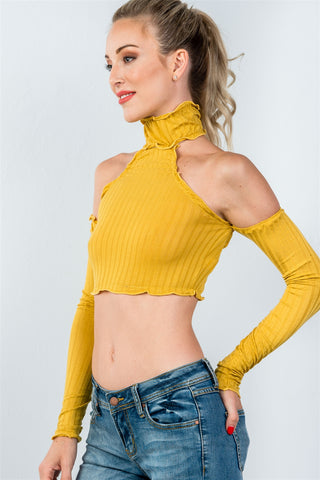 Ladies fashion high neckline ruffle frill hem long sleeve crop top