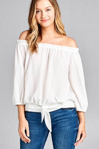 Ladies fashion 3/4 sleeve off the shoulder waist band w/front self tie back smocked detail crepe woven top