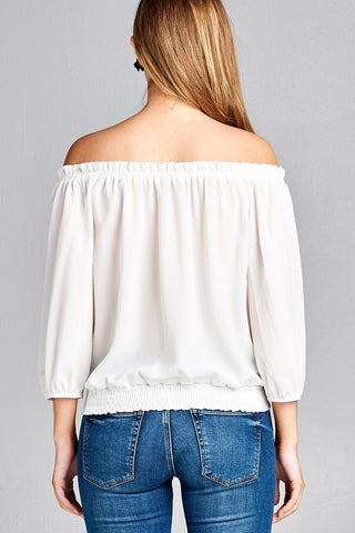 Ladies fashion 3/4 sleeve off the shoulder waist band w/front self tie back smocked detail crepe woven top