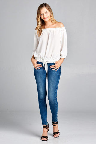 Ladies fashion 3/4 sleeve off the shoulder waist band w/front self tie back smocked detail crepe woven top