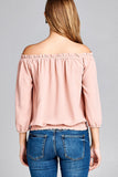 Ladies fashion 3/4 sleeve off the shoulder waist band w/front self tie back smocked detail crepe woven top