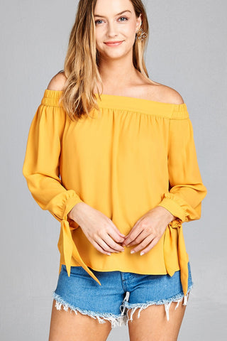 Ladies fashion long sleeve wide cuff w/contrast color tie wool dobby woven top