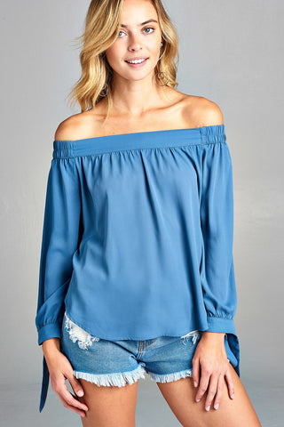 Ladies fashion long sleeve wide cuff w/contrast color tie wool dobby woven top