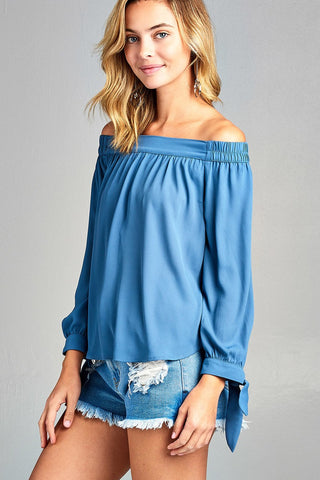 Ladies fashion long sleeve wide cuff w/contrast color tie wool dobby woven top