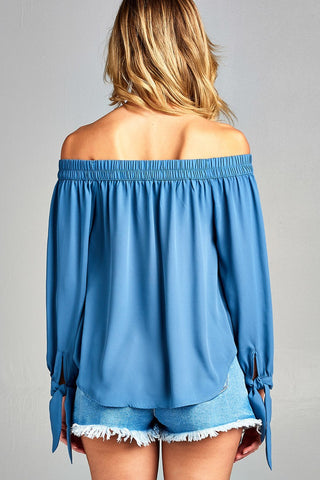 Ladies fashion long sleeve wide cuff w/contrast color tie wool dobby woven top