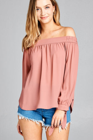 Ladies fashion long sleeve wide cuff w/contrast color tie wool dobby woven top