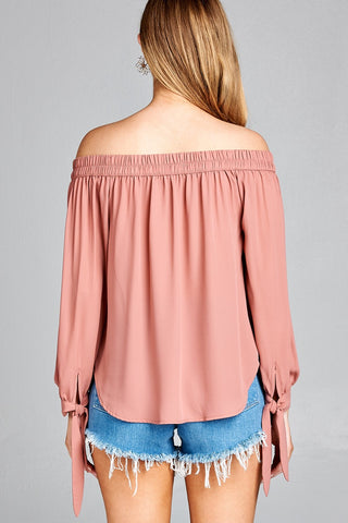 Ladies fashion long sleeve wide cuff w/contrast color tie wool dobby woven top