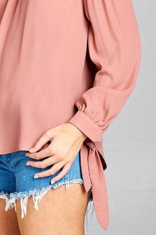 Ladies fashion long sleeve wide cuff w/contrast color tie wool dobby woven top