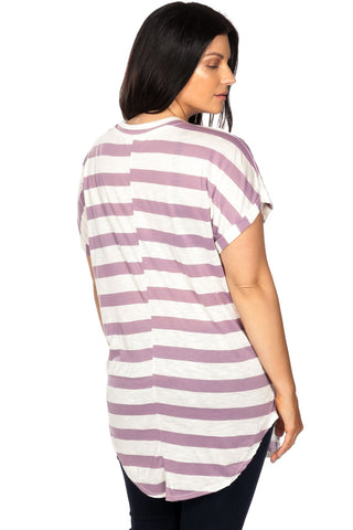 Ladies fashion plus size round neckline striped and destroyed cutout tee