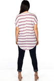 Ladies fashion plus size round neckline striped and destroyed cutout tee