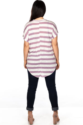 Ladies fashion plus size round neckline striped and destroyed cutout tee