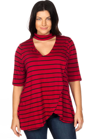 Ladies fashion plus size mock neck choker keyhole stripe asymmetric top