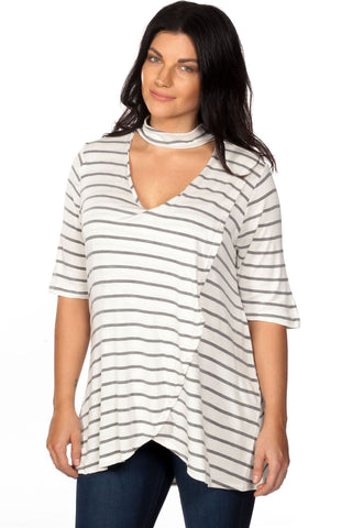 Ladies fashion plus size mock neck choker keyhole stripe asymmetric top