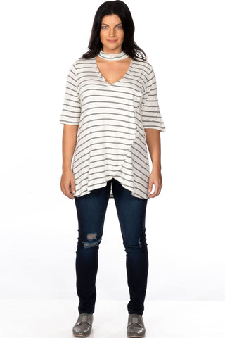 Ladies fashion plus size mock neck choker keyhole stripe asymmetric top