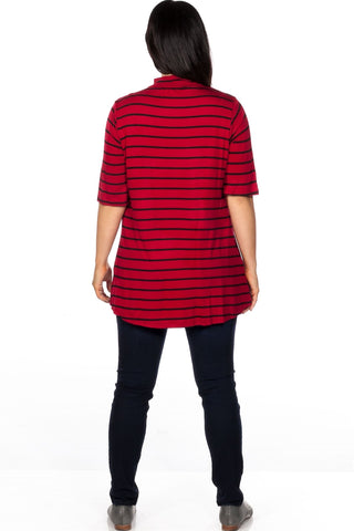 Ladies fashion plus size mock neck choker keyhole stripe asymmetric top