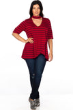 Ladies fashion plus size mock neck choker keyhole stripe asymmetric top