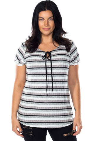 Ladies fashion plus size lace stripe knit top