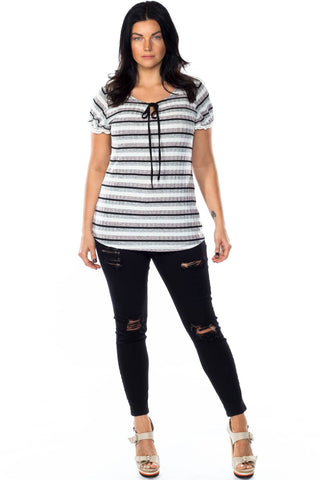 Ladies fashion plus size lace stripe knit top