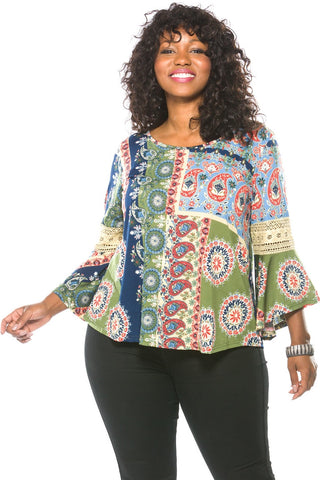 Ladies fashion plus size boho multi color boho contemporary bell sleeve top