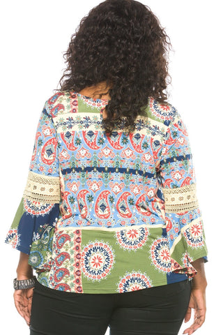 Ladies fashion plus size boho multi color boho contemporary bell sleeve top