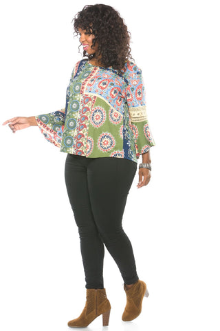 Ladies fashion plus size boho multi color boho contemporary bell sleeve top