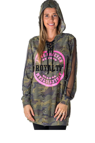 Ladies fashion mesh hoody sweatshirt tunic tops with applique, distress and lace up