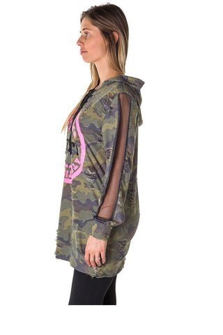 Ladies fashion mesh hoody sweatshirt tunic tops with applique, distress and lace up