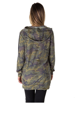 Ladies fashion mesh hoody sweatshirt tunic tops with applique, distress and lace up