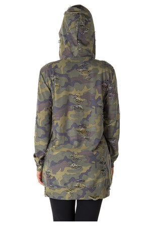 Ladies fashion mesh hoody sweatshirt tunic tops with applique, distress and lace up