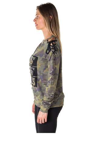 Ladies fashion  choker lace up cold shoulder sweatshirt top with applique