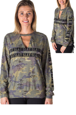 Ladies fashion choker lace up distress sweatshirt top with applique