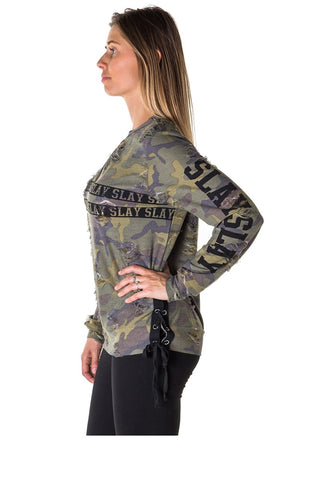 Ladies fashion choker lace up distress sweatshirt top with applique