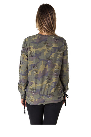 Ladies fashion choker lace up distress sweatshirt top with applique