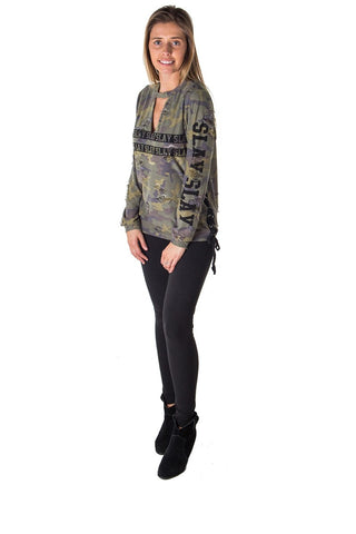 Ladies fashion choker lace up distress sweatshirt top with applique