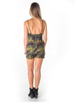 Ladies fashion camo print knit romper shorts with adjustable draw string